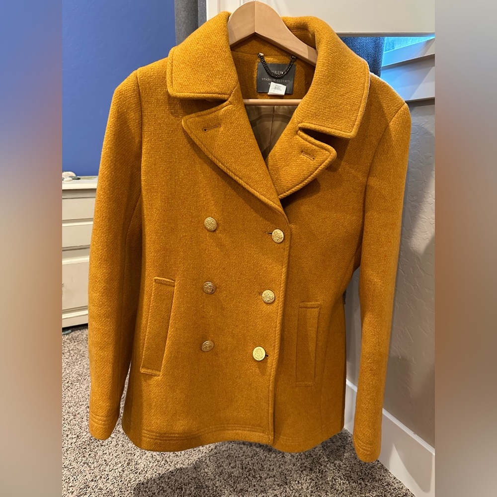 J Crew Majesty wool pea coat in a beautiful fall, dark yellow, mustard color